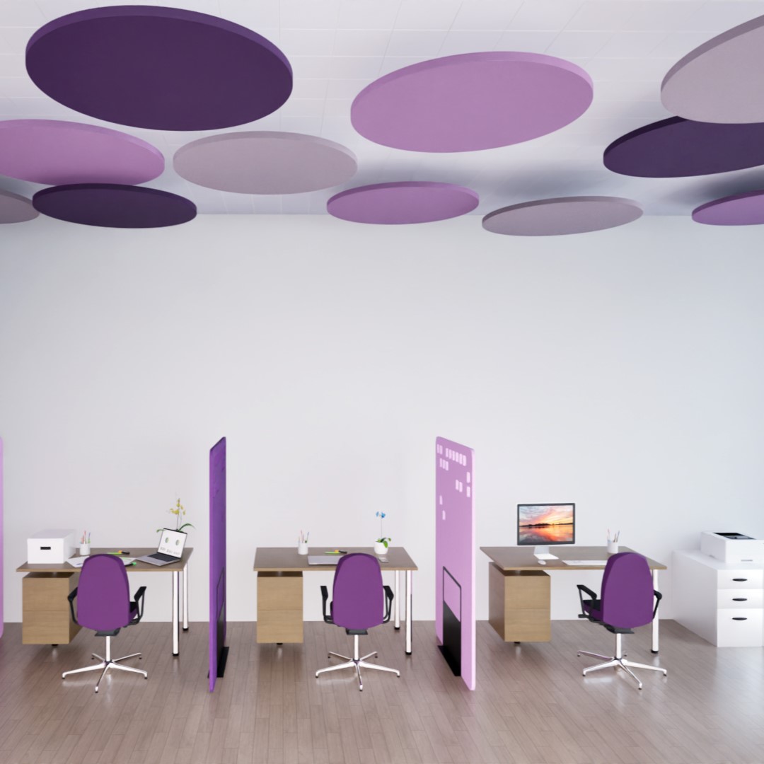 Office purple circle rafts and standing screens