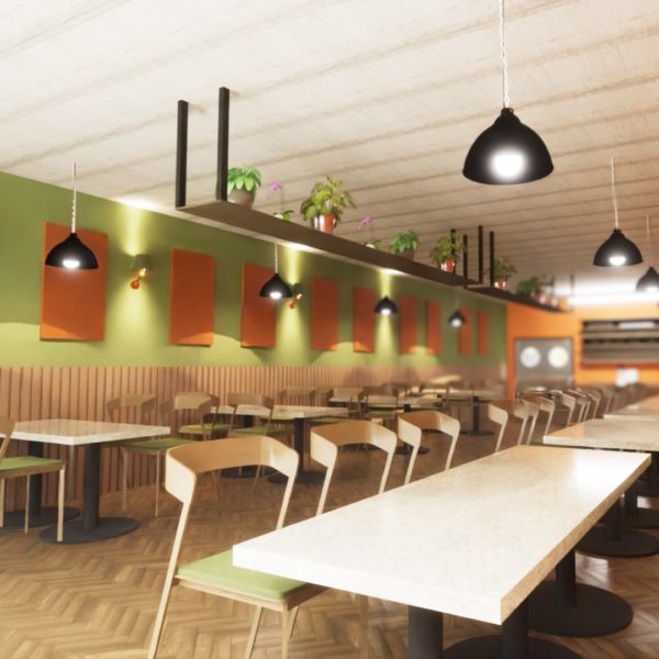 Acoustic wall panels in orange fabric