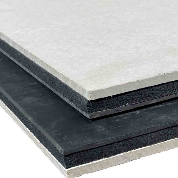 Cross-section of ProSound Reverso SoundMat showing 6mm fibre cement board, 9mm closed cell foam, and 3mm mass loaded vinyl layers